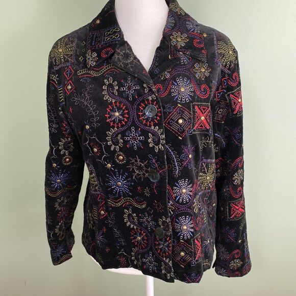 Chicos Black Velvet Embroidered Blazer Jacket Whimsy Small 0 - Picture 1 of 13